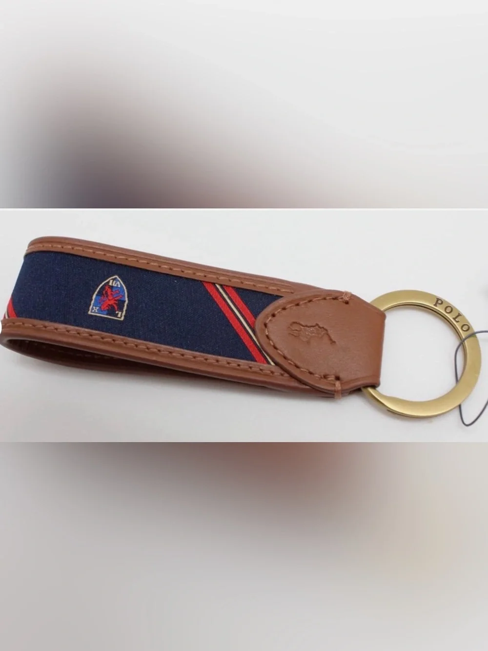 NEW Polo Ralph Lauren Leather & Navy Blue Silk CREST Key Ring Keychain - TAN